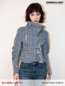 Chemical Girl Short Plaid Embroidered Jacket Collar Womens Suit Cotton Blend Regular Fit Long Sleeve Single Button Closure