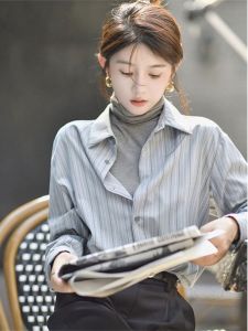 Elegant Unique Striped Shirt Jacket: Premium Feeling French Cold Style