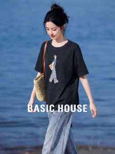 Basic House | Black Printed Round Neck Cap Sleeve T-Shirts