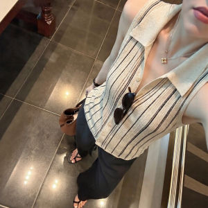 CHOEFULYN | Áo Vest Không Tay V-neck Phong Cách Vintage Có Sọc