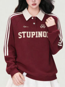 QINGNAER | Korean Style College Polo Collar Hoodie Red Letter Print Loose Casual 26 Spring