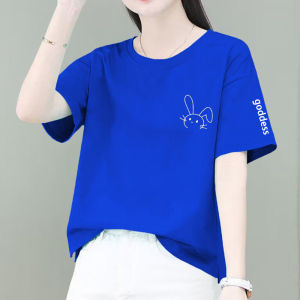 Blue Cotton Short Sleeve T-Shirt Women Summer Loose Slimming Belly Cover Versatile Young Mom round Neck High End Top