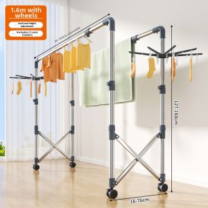 SHUHONG | Foldable Stainless Steel Double Bar Telescopic Adjustable Floor Clothes Drying Rack