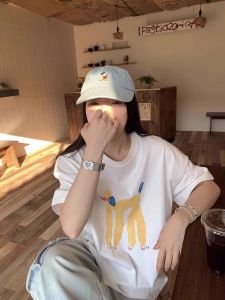 Lazy Hong Kong Style Cute Little Yellow Dog Print Shoulder T-Shirt Womens plus Size Loose Casual Anti-Aging Top Cotton Summer Short Sleeve round Neck