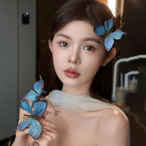 Blue 3D Butterfly Bridal Headwear New 2025 Vintage Court Style Alloy Embedded Artificial Gem Half Gem Edge Clip Hair Accessories