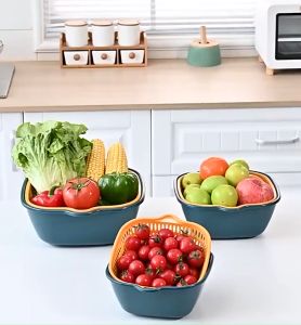 Nipiin 6in1 Drain Basket For Fruit and Vegetables Plastic Washing Basket Double Layer Basin Household Kitchen Soak/Wash/Drain