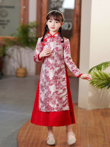 ชุดกี่เพ้าเด็กสีแดงแขนยาวฤดูใบไม้ร่วงและฤดูหนาว เสื้อผ้าเด็กสไตล์จีนโบราณ ชุดกี่เพ้าเด็ก ชุดกี่เพ้าผู้หญิง ชุดกี่เพ้า