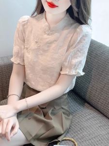 WANGGONGZHU | Elegant Shirts For Women Summer New Style Princess Style Short Sleeve Stand Collar Tunic Tops Chinese National Style Beauty