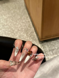 Loffi Nail Leopard Spot Cat Eye Ice Transparent Gradient French Drill High-End Handmade Wearable Nail Patch White Hand-Painted Nail Art
