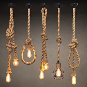 Pendant Light Retro Hemp Drop Light Metal Iron Lampshade Ceiling Light for Bar Counter Cafe Dining Room Decorative Chandelier