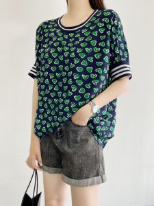 Summer Thin Cotton Silk Short Sleeve T-Shirt Womens Tops Fashion Plus Size Ladies Extra Loose Casual Floral round Neck Artificial Cotton