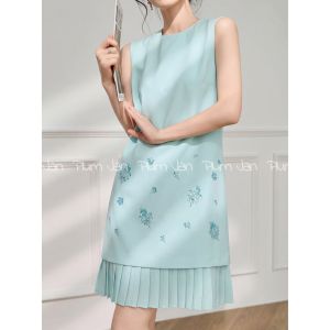 PlumJan | Elegant Spliced Pleated Bead-embellished Sleeveless Dress