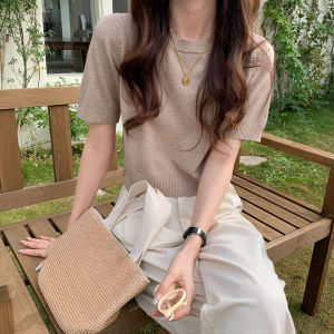 เสื้อสเวตเตอร์ถักแขนสั้นหลวมๆ ฤดูใบไม้ผลิและฤดูใบไม้ร่วง เสื้อชั้นในผู้หญิง ทรงหลวม แขนสั้น คอตั้ง ปกติ