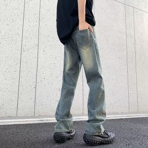 High Street Retro Washed Distressed Street Hole Denim Male Straight-leg Loose Easiest for Match Handsome Pants