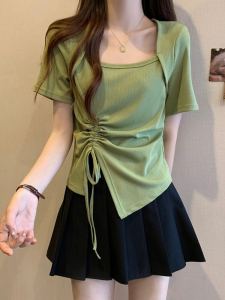 Áo Thun Nữ Cỡ Lớn Mùa Hè 2024 Cổ Vuông Tay Ngắn Che Mỡ Không Đều Vai Thường Ngày Màu Trơn Phong Cách Hàn Quốc