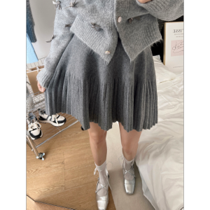 HUOLISI | Korean Style Muddy Brown Knit A-Line Pleated Mini Hem Dress Stretch Waist
