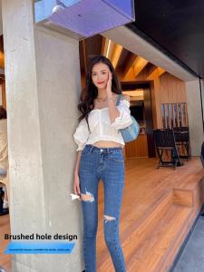 Early Autumn Ripped Ankle-Tied Denim Womens High Waist Stretch Slim Fit Skinny Outer Wear Bootcuts Worn Washed Cropped Pants Summer