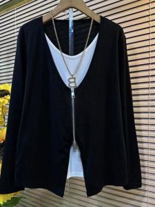 Mid to Long Length Loose Fit Chunky Color Block Zippered Womens Sweatshirt for Autumn Size Extra Large