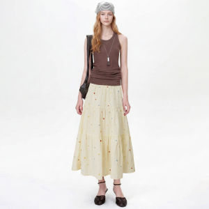 Light Yellow Embroidered Slimming High Waist Cake Skirt