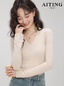 Slim Fit Short Sleeve V-Neck Long Sleeve T-Shirt Womens Basic Style Shoulder Level Top Cotton Polyester Spring Autumn Wear