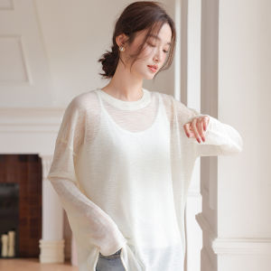 MiiOW | เสื้อยืดคอกลมแขนยาวถักสีเหลืองหลวมๆ สำหรับผู้หญิง เสื้อคลุมกันแดดแบบโปร่งบางๆ ทรงหลวมๆ สไตล์ Pure Desire