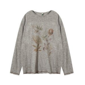 เสื้อยืดแขนยาวพิมพ์ลายดิจิตอล HOTHORSE สไตล์วินเทจสำหรับผู้หญิง เสื้อยืดคอกลมแขนยาวลายดอกไม้ ทรงหลวม สไตล์กลางแจ้ง