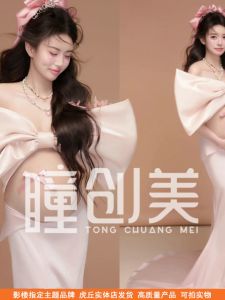 Sweet Pink Bowknot Maternity Photo Shoot Dress Photography Studio New Arrival Elegant Maternity Gown for Expectant Mothers