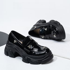 Ji Jingyi Womens Flats Shoes Heightening Thick Bottom Black Leather Versatile JK Uniform Genuine Leather Single Shoes