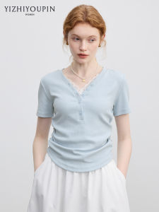 Lace Trimmed V-neck Stylish Slim Fitting T-shirt