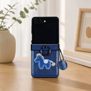 szhaiyu | Embroidered Pony Leather with Ring Phone Case for Samsung Galaxy Z Flip 8 7 6 5 4 3 5G ZFlip7 FE ZFlip8 Hinge Protective Cover