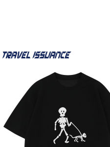 Travel Issuance T-shirt in Loose Fit with Skull Cat Print for Couples Short Sleeve Casual Tee in Summer for Men And Women