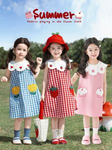 YOEHYAUL | Đầm Không Tay Kẻ Caro Viền Xếp Li Màu Đốm