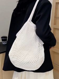 กระเป๋าตาข่าย ลุลาย กระเป๋าทอไปทะเล แบบมีซับ สีพื้น แฟชั่นฤดูร้อน สําหรับผู้หญิง