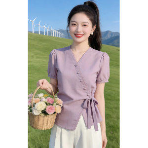 Shalldoer | Purple Cross V-Neck Waist Cinched Short Sleeve Shirt