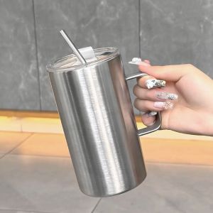 600ml Stainless Steel Coffee Mug with Handle Straw Lid Double Wall Cold Cup Dishwasher Safe Travel Mug for Coffee Tea and Drinks