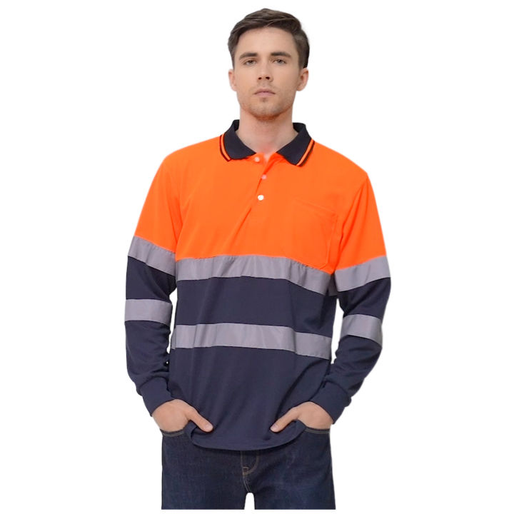 ANSI Class Hi Vis Shirts Yellow Navy Long Sleeve Reflective Polo - Main Image