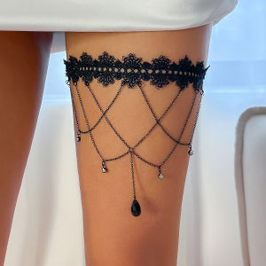 IngeSight Z Gothic Black Lace Elastic Band Thigh Chain Trend Mesh Metal Tassel Leg Chain Womens Summer Beach Body Jewelry