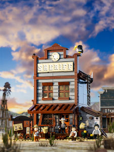 Funwhole Western Series Townscape Office Light Desktop Ornaments Domestic Building Blocks Police Station Model Toys for Teens