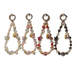 Light luxury design with starry sky beads and five pointed star mobile phone chain alloy KT car keychain crystal bag decoration