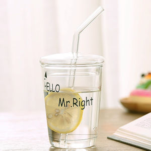 Original Summer Drink Glass Cup with Straw Mark Cup Creative Fashion Beverage Cup Lid Drizzle Heat Resistant round Shape Chinese Style