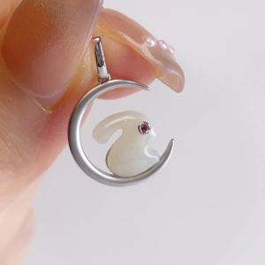 LAZO DIAMOND Crescent Moon Rabbit Ruby Pendant in 375/9K White Gold