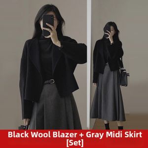 Fashion Temperament Autumn A-Line Midi Skirt and Tweed Jacket Set