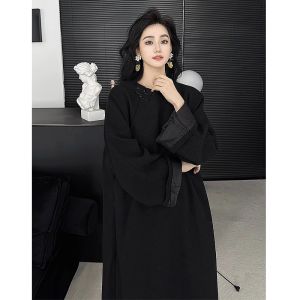 Elegant Black Button-Up Midi Dress Conceals Belly Anti-Aging Old Money Style New Chinese Fashion High-Quality Womens Clothing