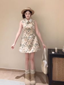 CHANGTONG | Vintage Gentle Fashion Print Waist-Cinching Slim Fit Mini Dress For Petite