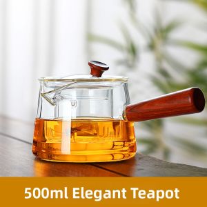 Heat Resistant Borosilicate Glass Teapot With Side Wooden Handle And Tea Strainer