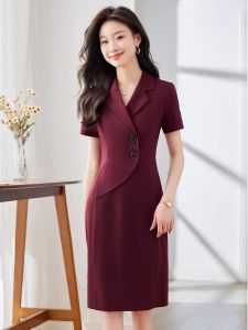 Wine Red Suit Dress Womens Summer Thin Short Sleeve Professional Formal Workwear Skirt Business Style Pure Color mid Waist