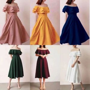 QUEENFASHION #929 KOREAN CASUAL Off Shoulder Dresses PLUS SIZE FOR WOMEN FIT TO XL - Spot Color, Elastic Quality, Soft Cotton
