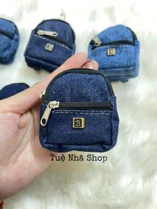 Móc khoá Balo mini vải jean 3 ngăn dây kéo dễ thương