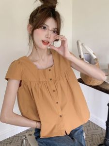 Áo Sơ Mi Nữ Tay Ngắn Cổ Vuông Phong Cách Hàn Quốc Mùa Hè 2025 Mới Ngọt Ngào Tươi Mới Thường Ngày Thường Ngày