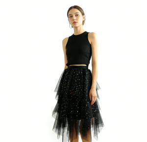Adult Asymmetrical Tutu Skirt with Sequins – Ruffled Tulle Skirt for Dance Performance & Party Wear
